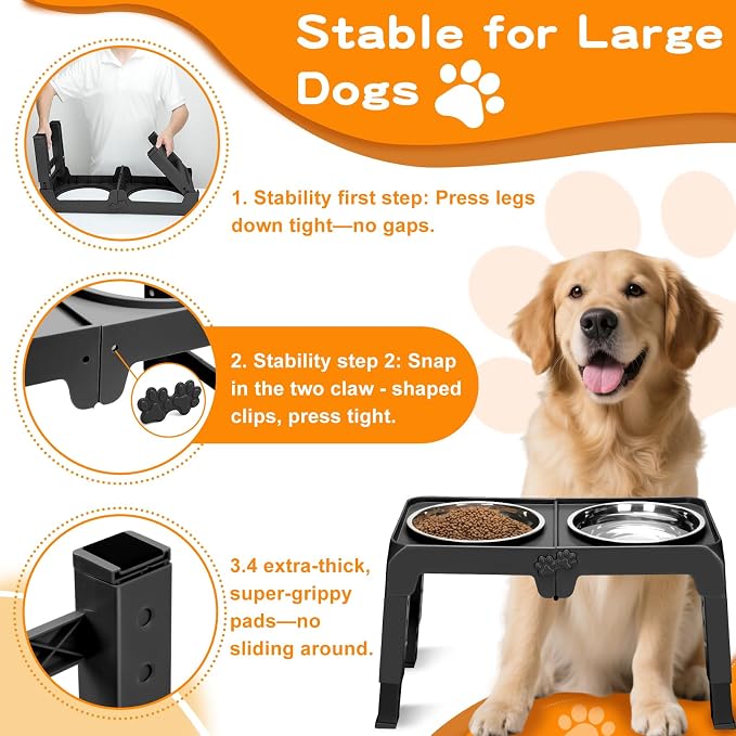 Elevated Dog Bowls for Large Dogs 5 Adjustable Heights 7.5"-15.4", 2 X-Large 10” Stainless Steel Bowls, Heavy Duty Raised Dog Bowl Stand Foldable Pet Feeder for Dogs Shoulder Height Over 15”, Black - Image 5