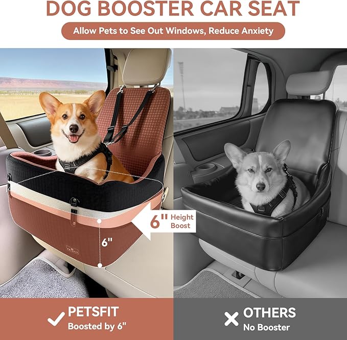 PETSFIT Dog Car Seat for Small/Medium Dogs Up to 35 lbs – Patented Safety System, 6" Memory Foam Pet Booster Car Seat, Fully Detachable and Washable Dog Carseat with 2 Storage Pockets (Black/Brown)