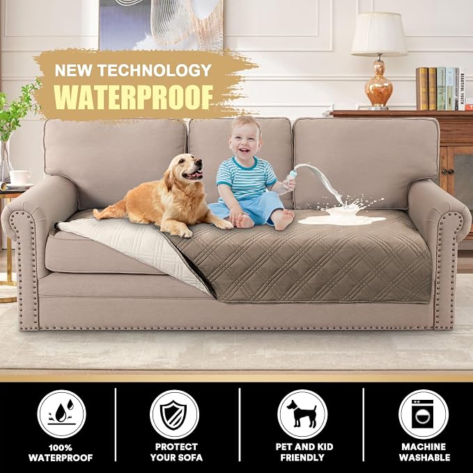 PrinceDeco Waterproof Dog Blanket Bed Cover Washable Pet Couch Cover Non-Slip Couch Covers for 3 Cushion Couch Sofa Pet Friendly,Taupe,47x68 Inch - Image 2