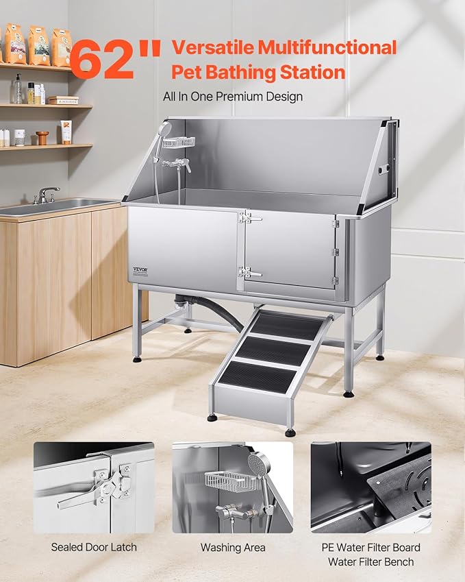 VEVOR Stainless Steel Dog Washing Station, Professional 62 inch Pet Grooming Tub w/Ramp, PE Water Filter Board, Faucet & Showerhead & Soap Holder Bathtub for Large & Medium & Small Pets (Right Door) - Image 2
