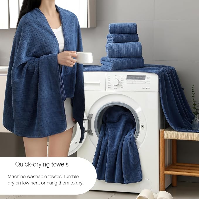 Hailea 18 Piece Family Bath Towel Set Include 6 Bath Towels,6 Hand Towels and 6 Washcloths Soft Bathroom Towel with Hanging Loops,Highly Absorbent Quick Dry Towels Set for Bathroom,Hotel and Spa-Navy - Image 2