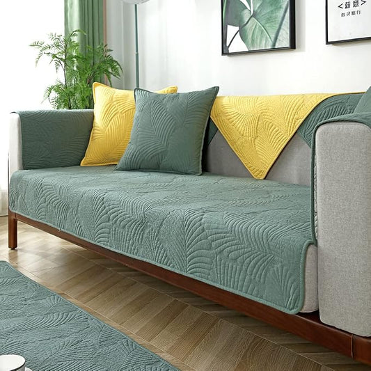 Solid Color Leaf Cotton Quilted Sofa Covers Anti-Slip Soft Sectional Couch Cover Washable Sofa Slipcover for Dogs Cats Pet (Green,36''x63'') by Huierxun