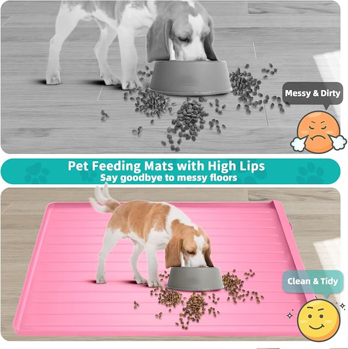 Dog Bowl Mat for Food and Water - 39.4" x 27" Thickened Large Dog Food Mat | Waterproof Pet Bowl Mat with Residue Collection Pocket and High Edges to Prevent Water and Food Spills - Pink - Image 3