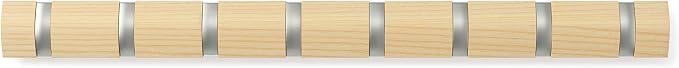 Umbra Flip Coat Rack, Wall Mount 8-Hook, Space Saving, Natural/Nickel | Real wood and steel build, retractable hooks fold flat, holds coats bags and scarves, easy install - Image 9