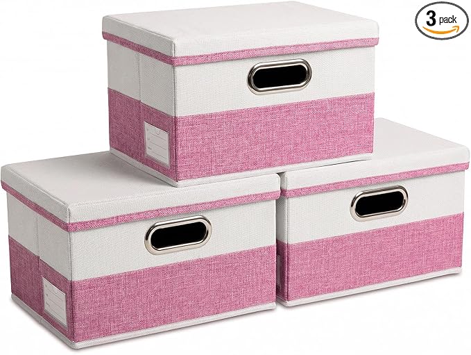 PRANDOM Storage Bins with Lids [3-Pack] Linen Fabric Foldable Storage Boxes Organizer Containers Baskets Cube with Cover for Bedroom Closet Office Pink&White（11.4X8.6X6.7 by Prandom