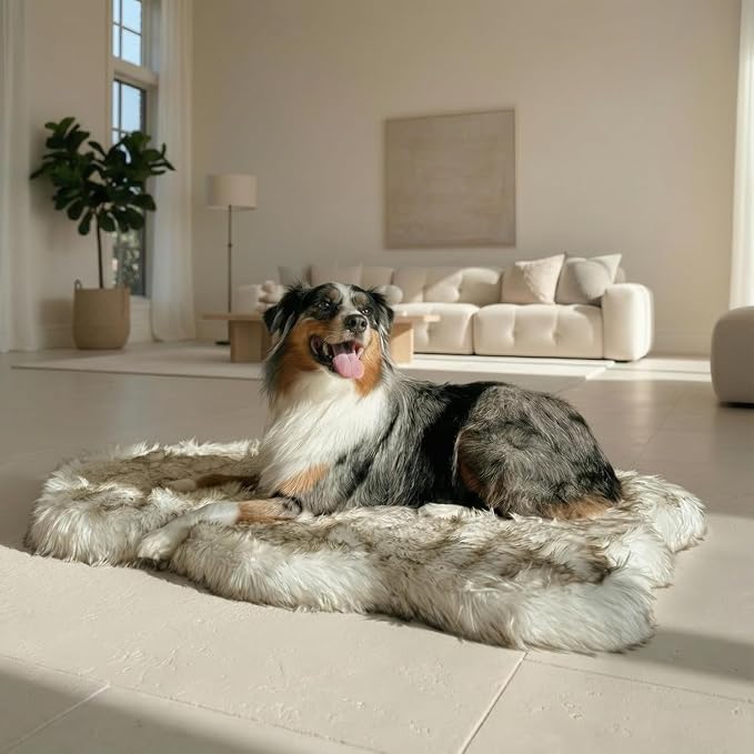 Faux Fur Orthopedic Dog Bed, Memory Foam, White w/Brown Tips 50"x30" | Plush Washable Dog Rug with Waterproof Machine Washable Cover, Calming for Anxious Senior Dogs, Relieves Joints - Image 10