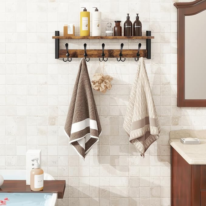 Homode Wall Mount Coat Rack with Shelf and 5 Tri Hooks | Wood Coat Hangers for Hanging Hat, Towel, Purse, Jacket, Rustic Brown - Image 3