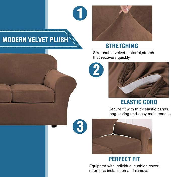 H.VERSAILTEX Modern Velvet Plush 4 Piece High Stretch Sofa Slipcover Sofa Cover Furniture Protector Form Fit Luxury Velvet Sofa Cover for 3 Cushion Couch Width Up to 90 Inch (Sofa, Caramel Cafe) - Image 3
