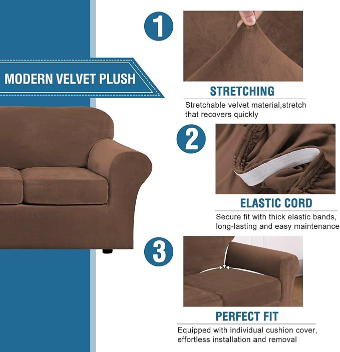 H.VERSAILTEX Velvet 4 Piece High Stretch Sofa Slipcover Cover Furniture Protector Form Fit Luxury Thick Velvet Extra Large Sofa Cover for 3 Cushion Couch Width Up to 105 Inch (XL Sofa, Caramel Cafe) - Image 3