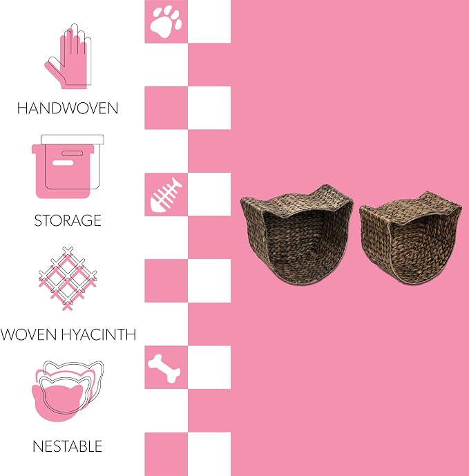 BSK4001B-2SET Feliz Cat-Shaped Hand Woven Water Hyacinth Nesting Pet Toy Organizer Baskets, Cay Storage Box for Living Room, Brown (Set of 2) - Image 2