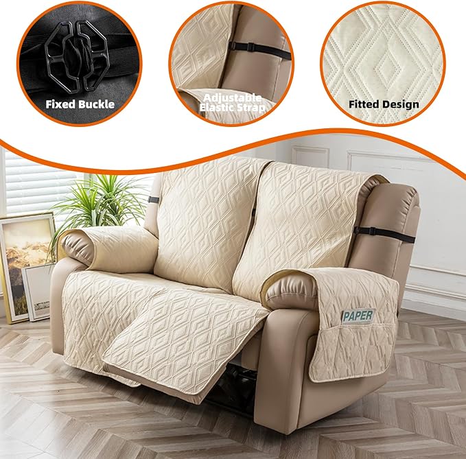 Genina Waterproof Loveseat Recliner Cover Non-Slip, Sofa Cover for Reclining Couch 2 Seat, Washable Couch Cover Loveseat Furniture Protector Cover for Pets Dogs Kids(Beige, Recliner Loveseat) - Image 7