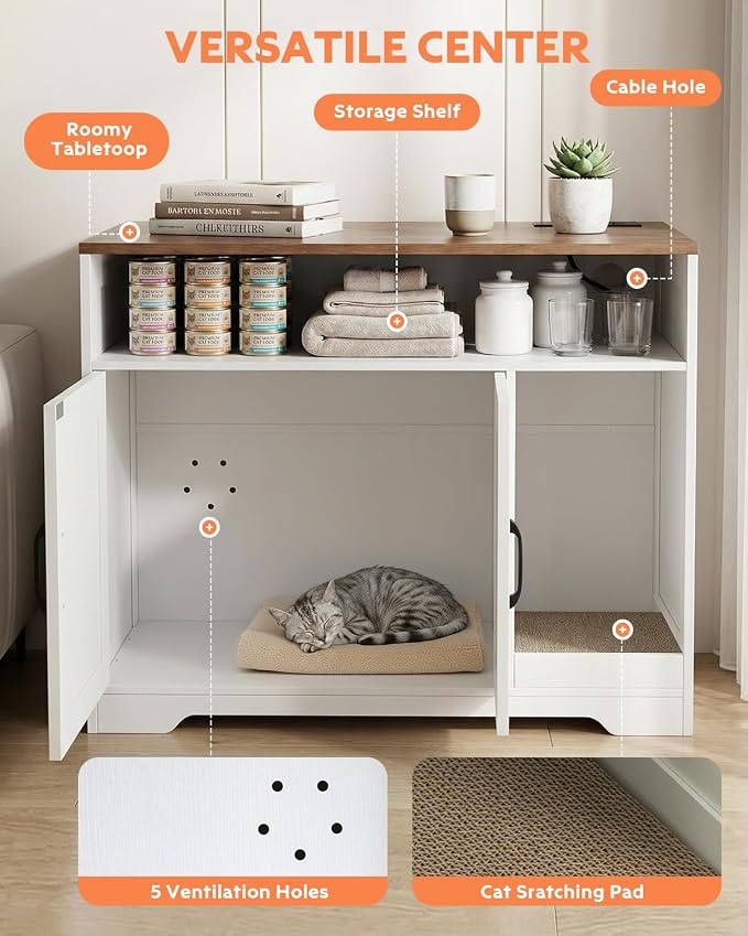 Cat Litter Box Enclosure, Hidden Litter Box Furniture with Charging Station, Cat Cabinet with Scratch Pad & 2-Tier Storage, Farmhouse Indoor Cat House Living Room End Table Hallway, White - Image 5