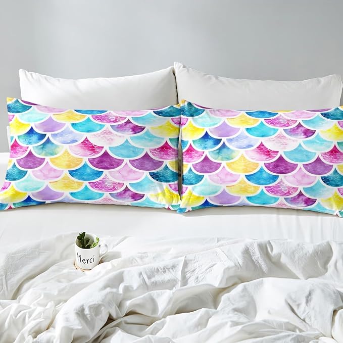 Mermaid Fish Scales Bedding Set Queen for Kids Girls, Purple Blue Red Fish Skin Sheet Set, Fitted Sheet with Scale Pattern, Soft Decorative Flat Sheet with Pillowcase - Image 4