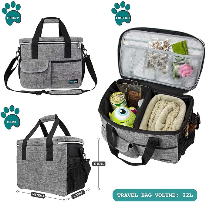 PetAmi Dog Travel Bag Organizer, Pet Travel Kit with 2 Food Containers & 2 Collapsible Dog Bowls, Pet Supplies Tote with Luggage Sleeve, Weekend Road Trip Camping Essentials, Gray, Medium - Image 2