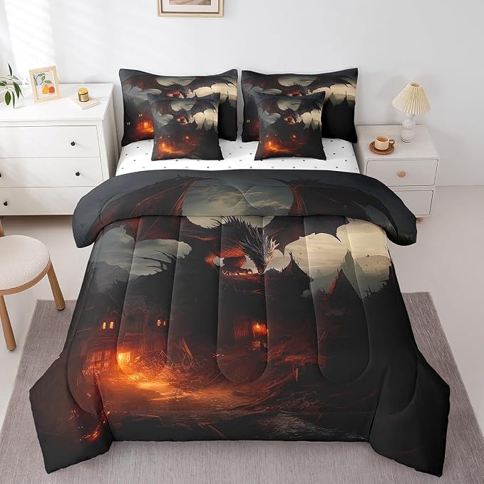 3D Dragon 7-Piece Bedding Set - Fierce Wildlife Queen Size - 1 Comforter, 1 Flat Sheet, 1 Fitted Sheet, 2 Pillowcases and 2 Pillow Shams - Image 3