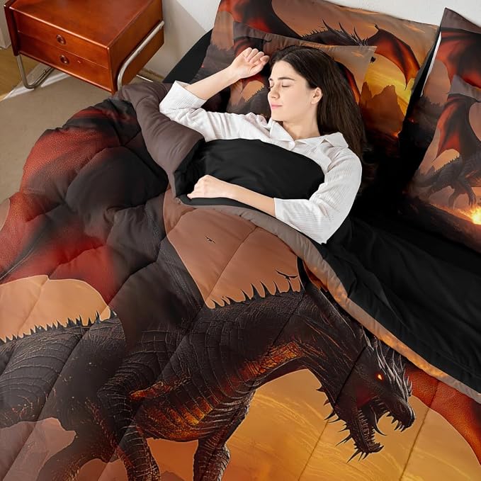 Erosebridal Fire Dragon Comforter Sets with Sheets - Wildlife Animal Theme Bedding Set Queen for Boys Girls 3D Wild Animal 7Pcs Bed in A Bag Fierce Dragon Bed Set - Image 2