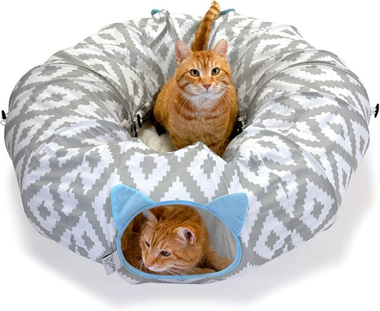 Kitty City Large Cat Tunnel Bed, 2-in-1 Zip-Together Cat Play Tunnel & Plush Nap Bed, Pop-Up Indoor Cat Toy with Hanging Toys, Collapsible Design - White by KittyCity