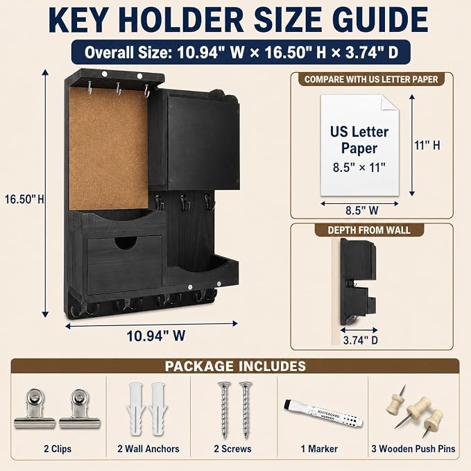 Key Holder Wall Mount, Mail Organizer Key Holder for Wall with Shelf, Drawer, Chalkboard, Corkboard, Home Decor Mounted for Room Entryway (Black) - Image 2