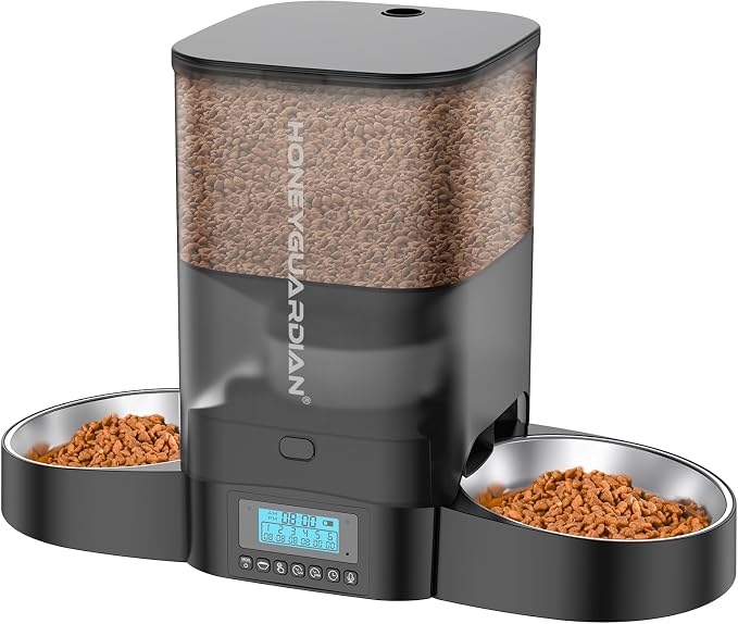 HoneyGuaridan 3.5L Automatic Cat Feeder for Two Cats, Food Dispenser with Stainless Steel Bowl,Timed Cat Feeder Programmable 1-6 Meals Control, Dual Power Supply,10s Meal Call Black by HoneyGuaridan