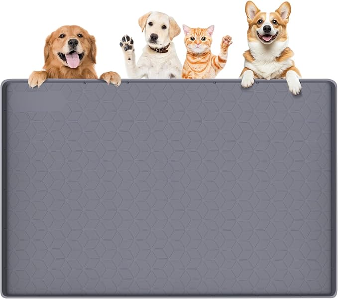 Dog Food Mat 34''x22'' Large Dog Mat for Food and Water,Dark Grey | Silicone Dog Bowl Mat with Raised Edge, Waterproof Non-Slip Pet Feeding Mat for Floors, fit for Dog Cat Bowls by Bartuke