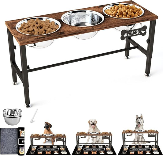 SHAINFUN Adjustable Height Elevated Dog Bowl Stand – Wooden Raised Dog Bowls with Three 58oz Stainless Steel Bowls & Mat for Small to Large Dog Breeds by SHAINFUN