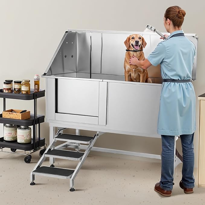 VEVOR Stainless Steel Dog Washing Station, Professional 62 inch Pet Grooming Tub w/Stairs, PE Water Filter Board, Faucet & Showerhead & Soap Holder Bathtub for Large & Medium & Small Pets (Left Door) - Image 8