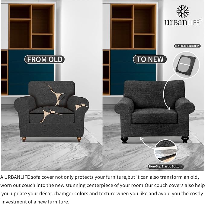 URBANLIFE 2-Piece Stretch Sofa Covers for 1 Cushion Couch, Black | Super fitted spandex slipcovers for couches. Non-slip elastic bottom. Machine washable furniture protector for kids & pets. - Image 5