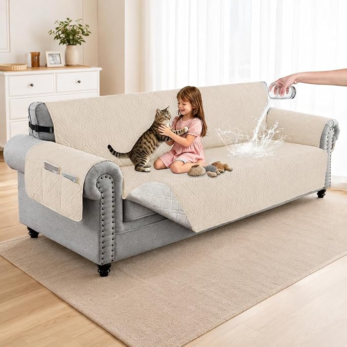100% Waterproof Couch Cover, Straps&Pockets,pet Friendly,78" Beige | Washable sofa cover, pet-friendly, scratch-resistant furniture protector, quilted sofa cover, reversible, non-slip backing. by Unknown