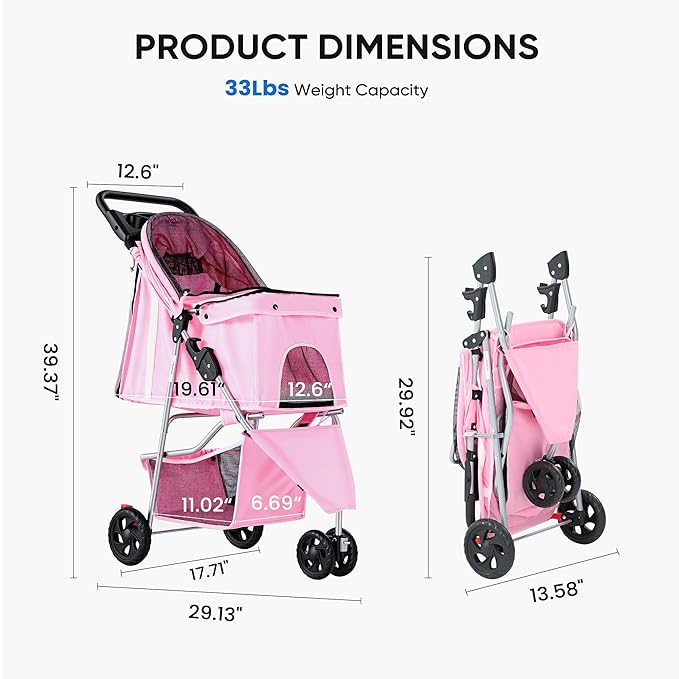 NEWBULIG 3 Wheel Pet Stroller for Dogs and Cats, Foldable, Lightweight and Durable, Ideal for Small to Medium Pets, Includes Storage Basket and Cup Holders