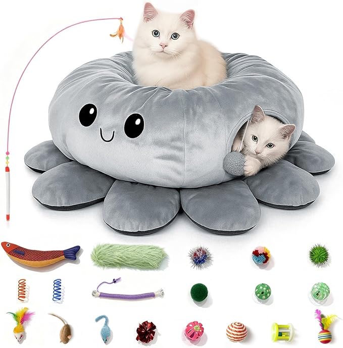 Cat Tunnel Bed for Indoor Cats, Peekaboo Cat Cave Bed with 20 Pcs Cat Toys, Soft Cat Donut Tunnel for Kitten Large Cats, Grey Octopus by FortheHeartbeatinYourLap