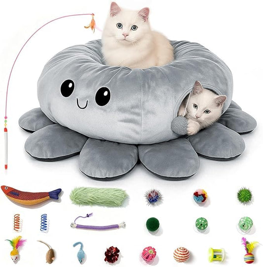 Cat Tunnel Bed for Indoor Cats, Peekaboo Cat Cave Bed with 20 Pcs Cat Toys, Soft Cat Donut Tunnel for Kitten Large Cats, Grey Octopus by FortheHeartbeatinYourLap