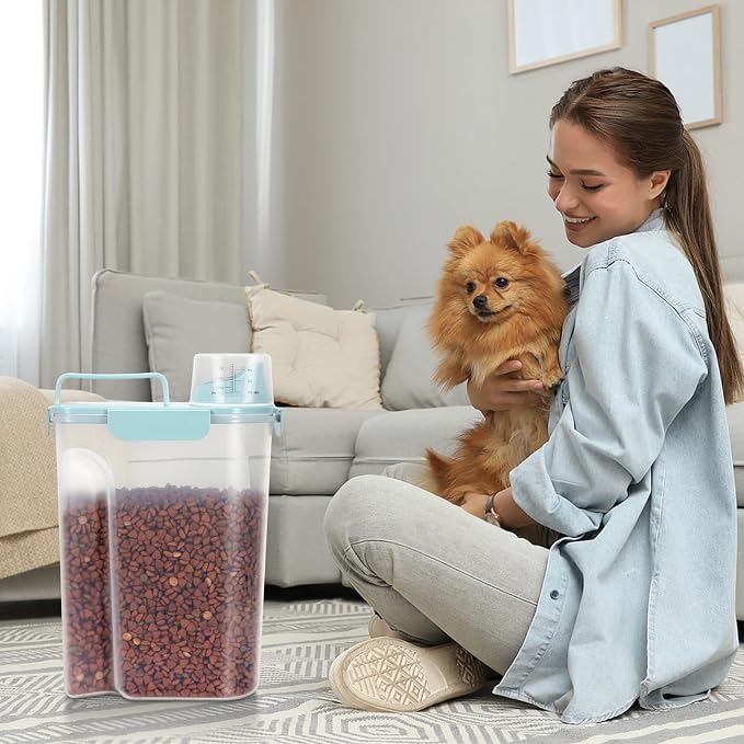 5-7LBS Dog Cat Storage Container Portable with Upgraded Large Spout and Cup, Plastic Pet Food Dispenser for Small Animal Kibble, Bird Seed, Oatmeal, Rice, Flour, Brown Sugart-2 Pack Light blue - Image 7
