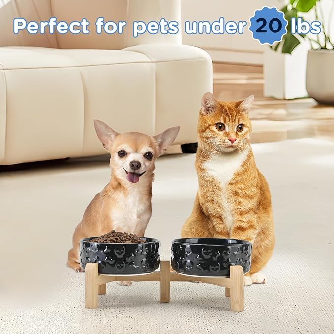 SPUNKYJUNKY Elevated Dog Bowls Ceramic, 5.1'' Dogs and Cat Food Water Bowls Raised with Non-Slip Bamboo Stand for Puppy Small Sized Breed Microwave Dishwasher Safe - 13.5 OZ,Skull Black - Image 7