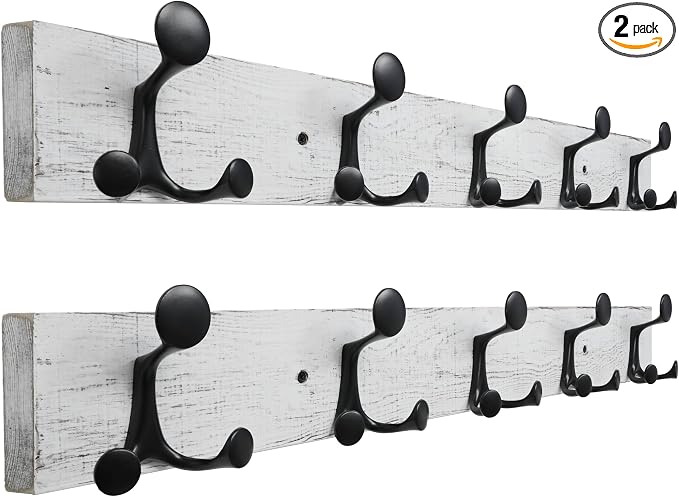 SKOLOO 30-Inch Wood Coat Rack Wall Mount with 5 Triple Hooks - Ideal for Family Entrances, Classrooms, and Pet Supplies Storage - Perfect Coat Hooks for Wall,Distressed White Wash, Pack of 2 by SKOLOO