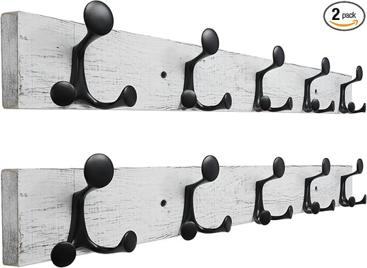 SKOLOO 30-Inch Wood Coat Rack Wall Mount with 5 Triple Hooks - Ideal for Family Entrances, Classrooms, and Pet Supplies Storage - Perfect Coat Hooks for Wall,Distressed White Wash, Pack of 2 by SKOLOO