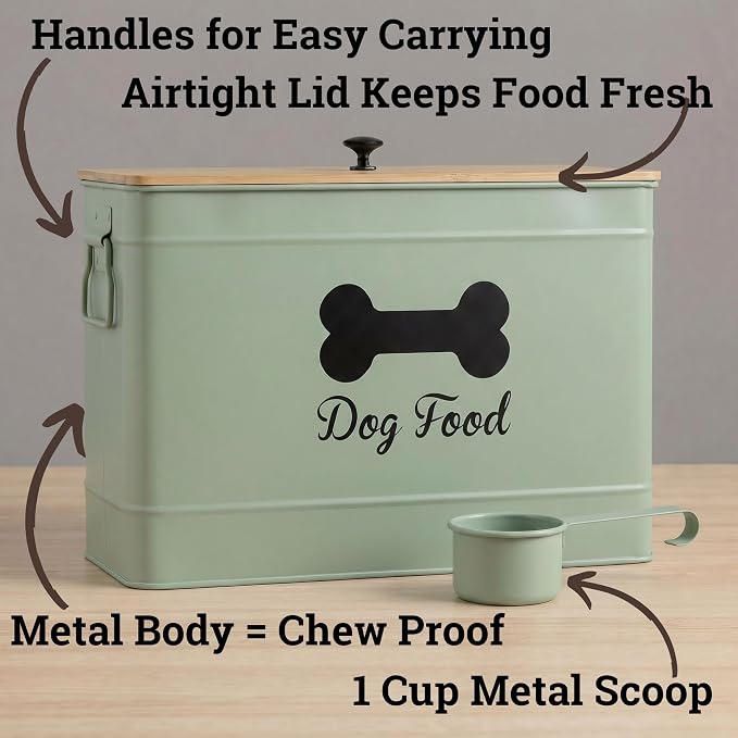Metal Dog Food Container 15-20 lbs w/ Airtight Bamboo Lid, 70 Cup Capacity | Pet Jar For Dogs up to 100lbs, Airtight Bamboo Lid, Sturdy Comfortable Metal Handle, Powder Coated Iron, Kibble Storage Bin - Image 2