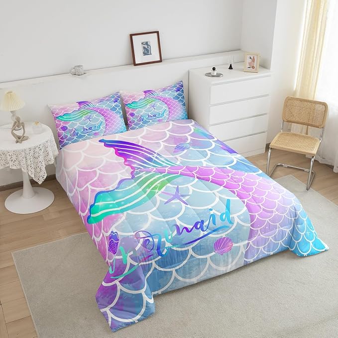 Homewish Fish Scale Comforter Set Mermaid Fish Scale Duvet Insert Watercolor Mermaid Bedding Set 2pcs for Kids Girls Soft Microfiber Quilted Duvet with 1 Pillowcase, Twin Size - Image 4