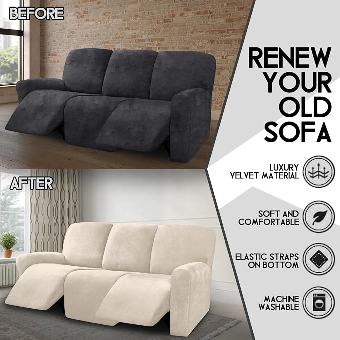 ULTICOR Velvet 8-Pieces Recliner Sofa Covers Stretch Reclining Couch Covers for 3 Cushion Reclining Sofa Slipcovers Furniture Covers Thick Soft Washable (3 Seater Recliner Cover, White) - Image 5