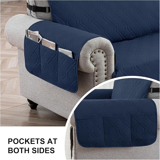100% Waterproof Quilted Couch Cover,Straps&Pockets,68" Navyblue | Washable sofa cover, pet-friendly, scratch-resistant furniture protector, quilted sofa cover, reversible, non-slip backing. - Image 5