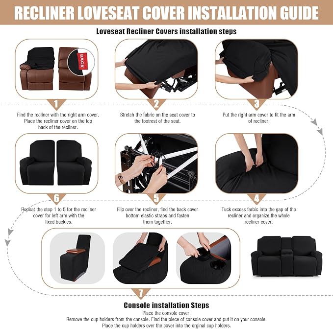 VANSOFY Recliner Loveseat Cover with Middle Console Stretch Reclining Sofa Slipcover for 2 Seat Jacquard Reclining Couch Sofa Covers Furniture Protector with Elastic Straps Bottom (Black) | 4-Pieces, Soft Furniture Protector, Washable Slipcover with Po... - Image 6