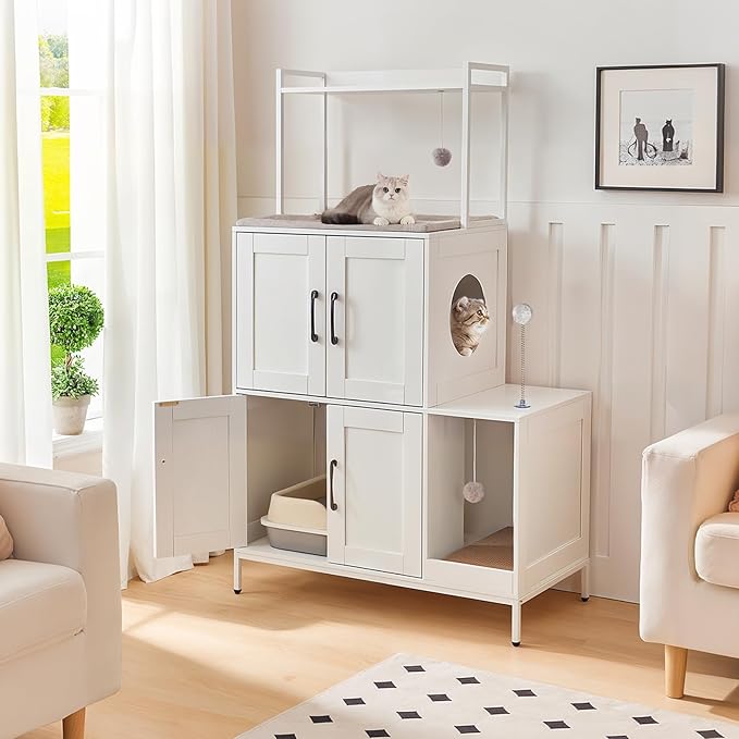 HOOBRO Litter Box Enclosure, Litter Box Furniture with Storage, 2-in-1 Hidden Cat Furniture with Shelf, 2 Dangling Plush Balls and 1 Toy Ball, Large Wooden Cat Washroom, White WT78MW01 - Image 3