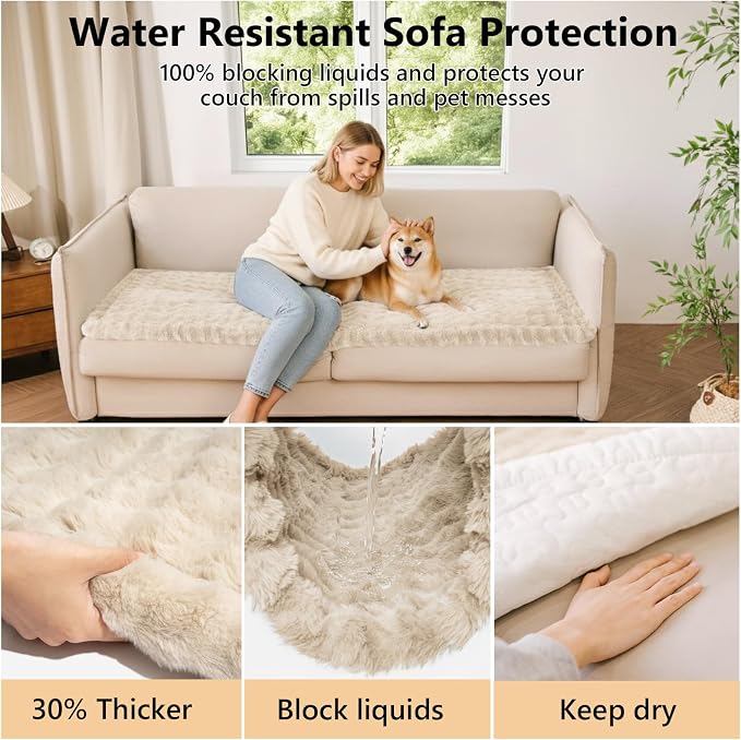 FUNNY FUZZY Couch Covers for Dogs, Non-Slip Sofa Cover 27.6"×59" Khaki | 300gsm Thick Quilted Padding, Faux Rabbit Fur, Machine Washable, for Standard Loveseat/2-Seater Couch - Image 4
