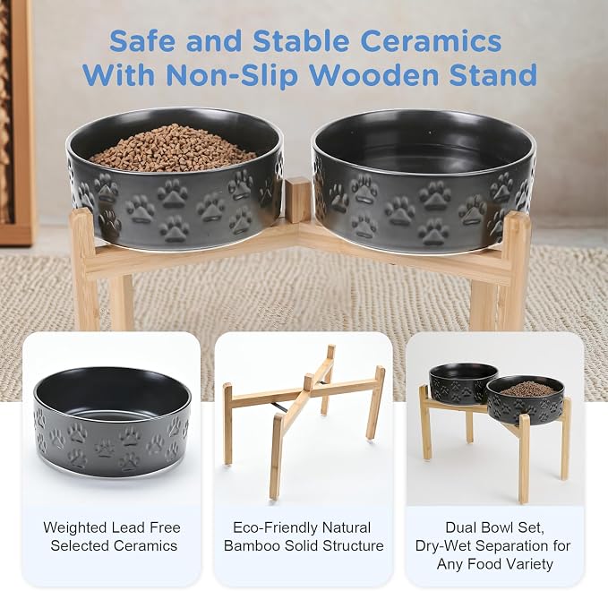 SPUNKYJUNKY Elevated Dog Bowls Ceramic, 8.3'' Dogs Food Water Bowls Raised with Non-Slip Bamboo Stand for Large Sized Breed Microwave Dishwasher Safe - 60 OZ,Paw Black - Image 6