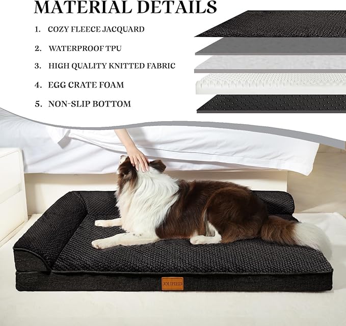 Orthopedic XL Dog Bed Large Sized Dog 42''X28'', Waterproof L Bolster Egg Crate Foam Big Pet Crate Beds with Washable Removable Cover, Non-Slip Soft Pet Couch Sleep Mat, Black - Image 4