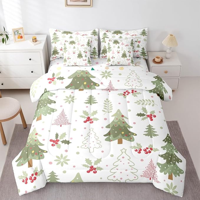 Erosebridal Kids Cartoon Christmas Bed in A Bag 7 Pcs Kawaii Christmas Tree Comforter Set for Women Men Cute Xmas Pine Tree Bedding Sets King Red Berry Xmas Decoration Sheet Set with Comforter by Erosebridal