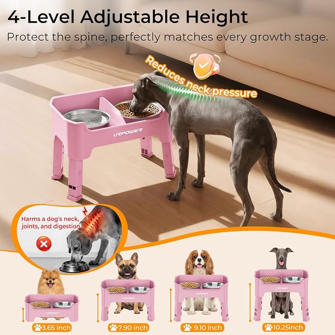 URPOWER Mess Proof Elevated Dog Bowls for Small Dogs with Splash Guard | 4 Height Adjustable Raised Stand with 2 Stainless Steel Food Bowls & Licking Plate for Small, Medium & Large Dogs - Image 3