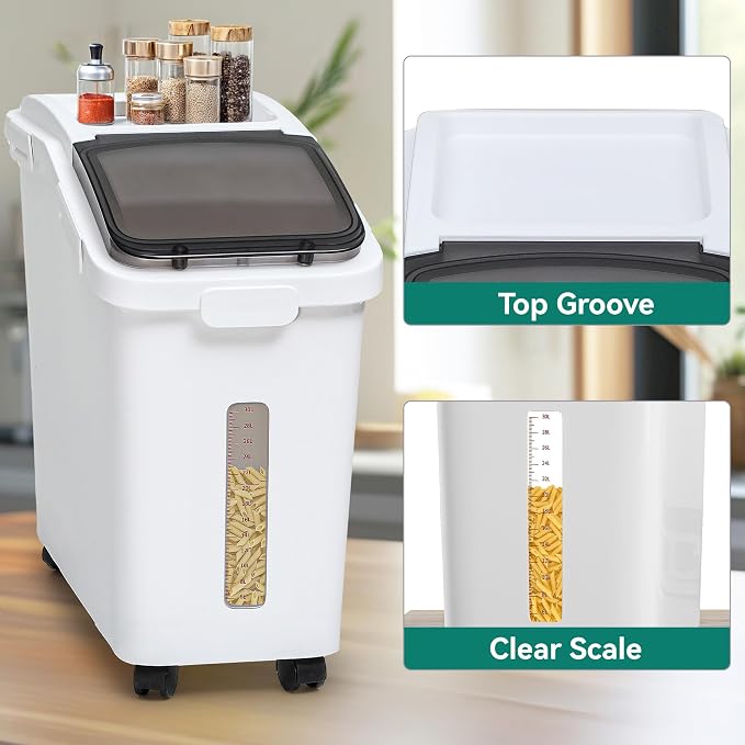 YITAHOME 65L/117lbs Rice Storage Bins, 11.4+5.8 Gal Rice Flour Storage Container with Measuring Cup,BPA Free,Scoop and Wheels for Kitchen| Flour| Pet Food| Grain,2 Counts,White & Black Lid - Image 7