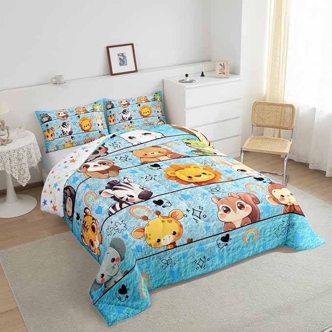 Manfei Cartoon Zoo Animals Bed Comforter Set Queen Size,Kawaii Love Print Blue Super Soft Microfiber Bedding Set for Girls Boys,Cute Bear Lion Squirrel Elephant Decorative Quilter Set 3 Pcs - Image 4