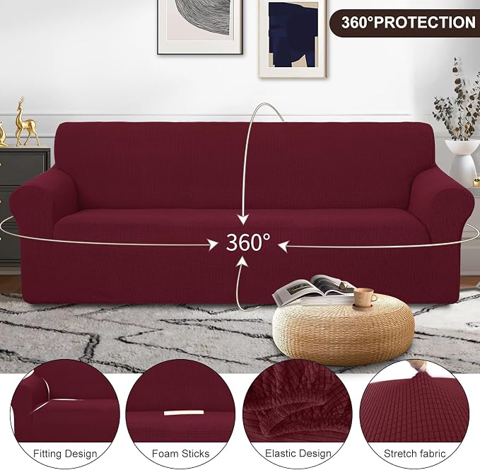 U-NICE HOME Oversized Stretch Couch Cover Slipcover, Burgundy | 3 Cushion Sofa, 1-Piece Sofa cover, Washable, Pet friendly, Furniture protector, Polyester Spandex Jacquard fabric - Image 3