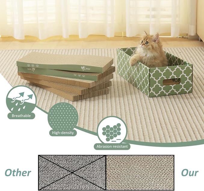 MECOOL Cat Scratching Board，5PC Cat Scratch Pad with Box，Reversible Corrugated Cat Scratcher Cardboard and Lounge Bed for Indoor Cats, Catnip - Image 5